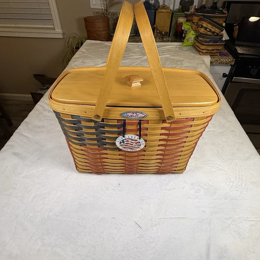 Longaberger 1998 25th Anniversary Flag Basket Lid Liner Tie-On Protector Set
